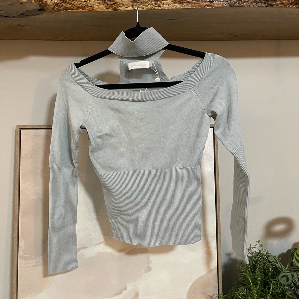NWT Jonathan Simkhai Light Blue Ribbed Knit Sweater with Choker